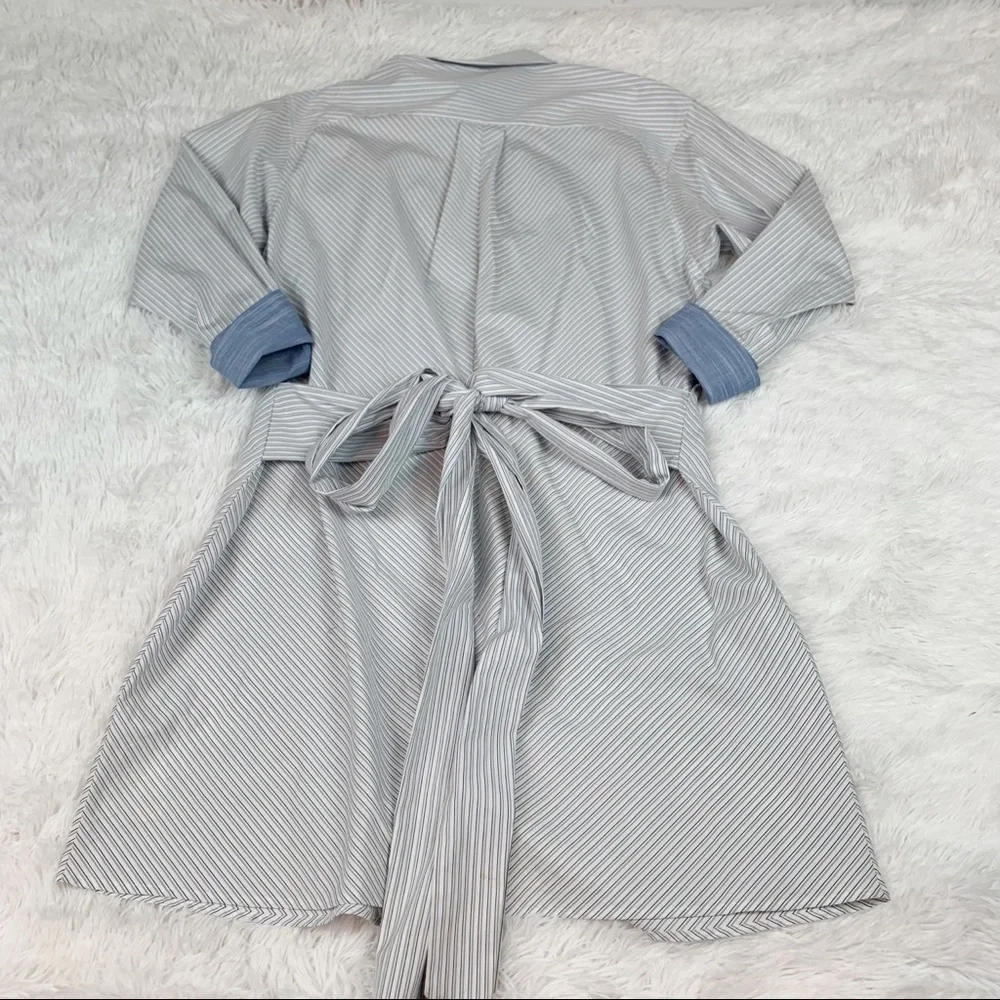 Frame contrast striped wrapped tie waist shirt dress button up pocket - Picture 11 of 12